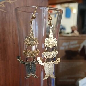 Dancing Circus Clown Earrings, 2in. Gold Metal. VINTAGE/whimsicle